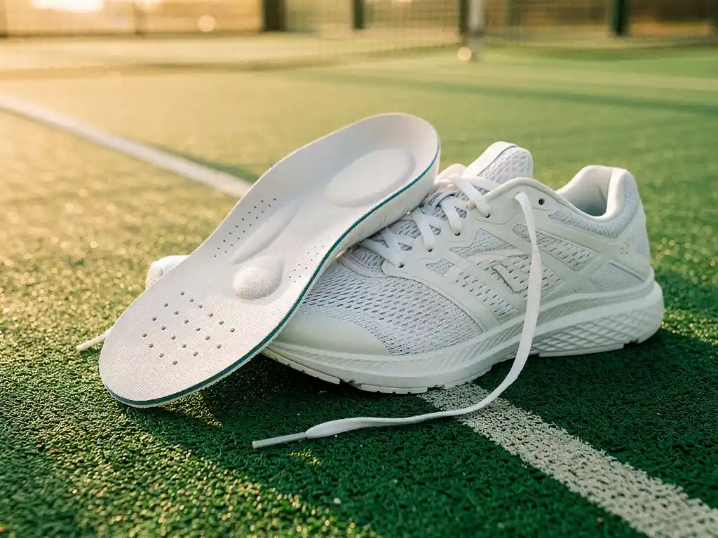 Op maat gemaakte sportinlegzool in een hardloopschoen op een padelbaanoppervlak, met zichtbare gewelfondersteuning.