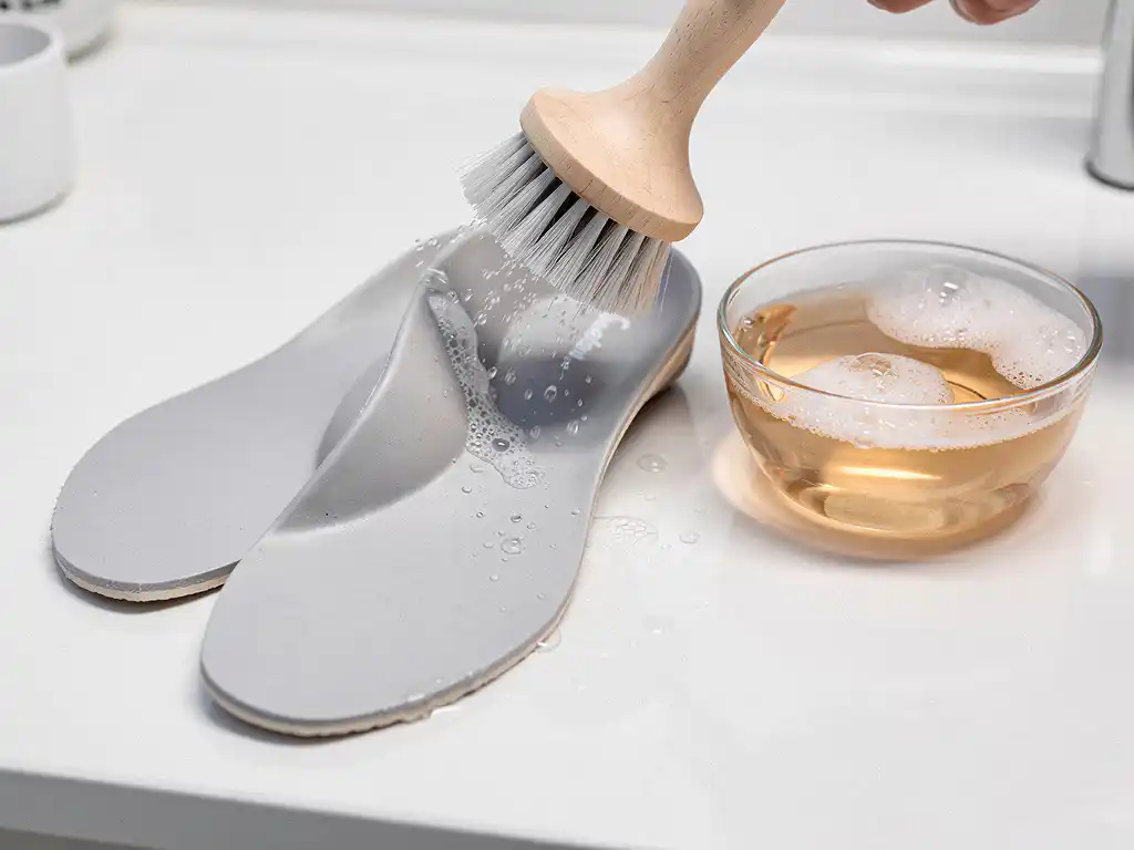 Zacht borstelen van op maat gemaakte orthopedische inlegzolen met warm zeepwater op een witte klinische ondergrond.