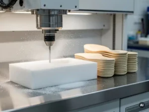 CNC-freesmachine snijdt op maat gemaakt orthopedisch inlegzool uit wit EVA-schuim, fijn stof in de lucht, afgewerkte zolen op stalen werkbank.