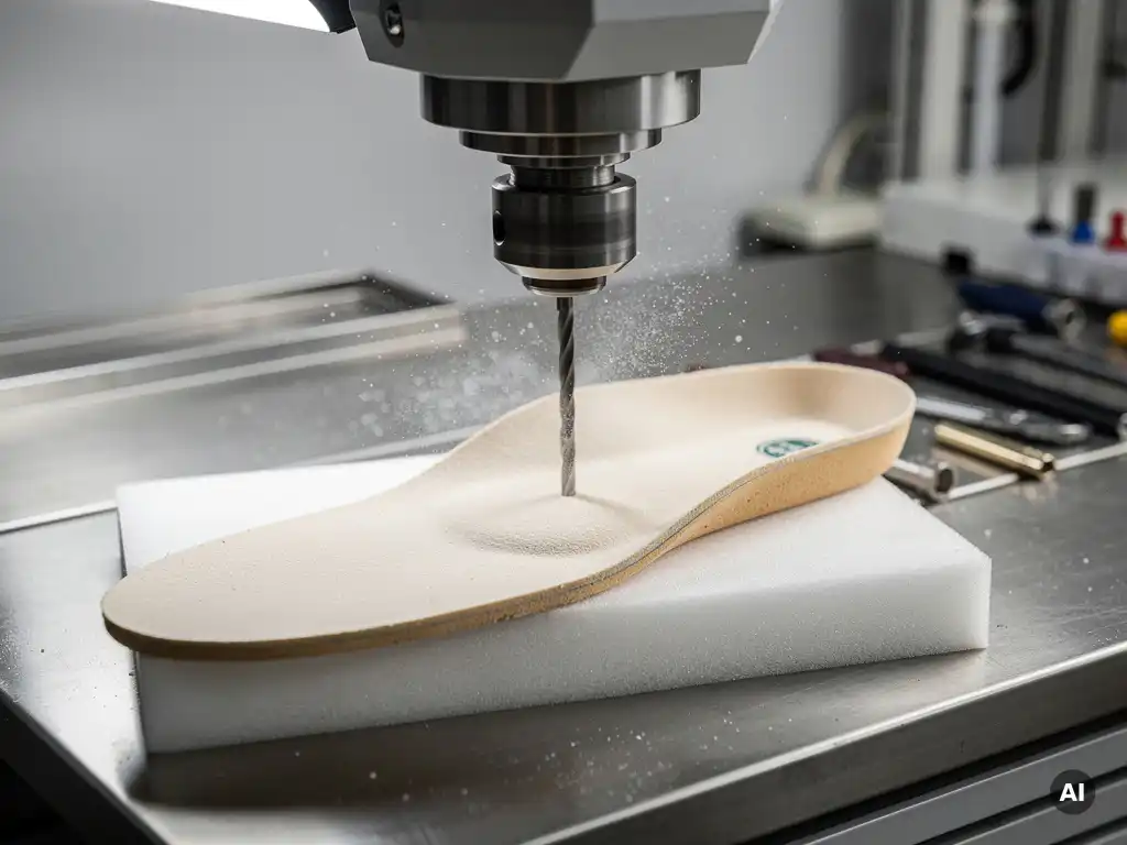 CNC-freesmachine snijdt een op maat gemaakt orthopedisch inlegzool uit wit schuimblok, stofdeeltjes zweven in de lucht.